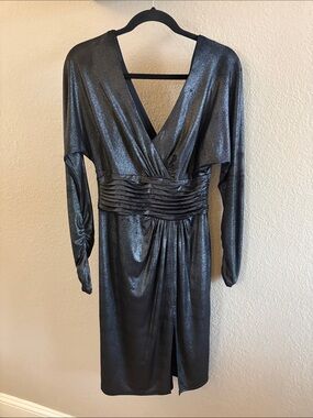 Tadashi Shoji Metallic Charcoal Cocktail Dress Ruched Long Sleeve Sheath Small